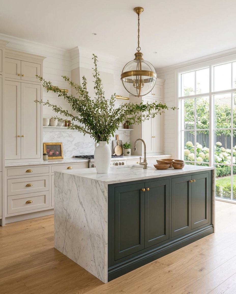 Kitchen renovation Southern Highlands — marble island, dark cabinetry, brass pendants