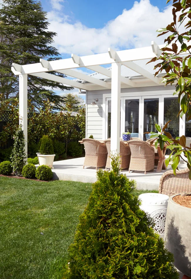 White pergola outdoor structure Southern Highlands NSW — custom built by The Renovation Co.